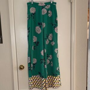 Forever 21 Pretty Green Flora Print Wide Leg Summer Pants W/Deep Side Slits